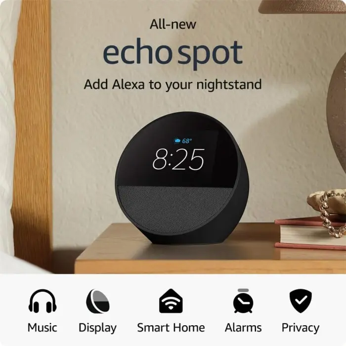 All-new Amazon Echo Spot (2024 release), Smart alarm clock with vibrant sound + Alexa